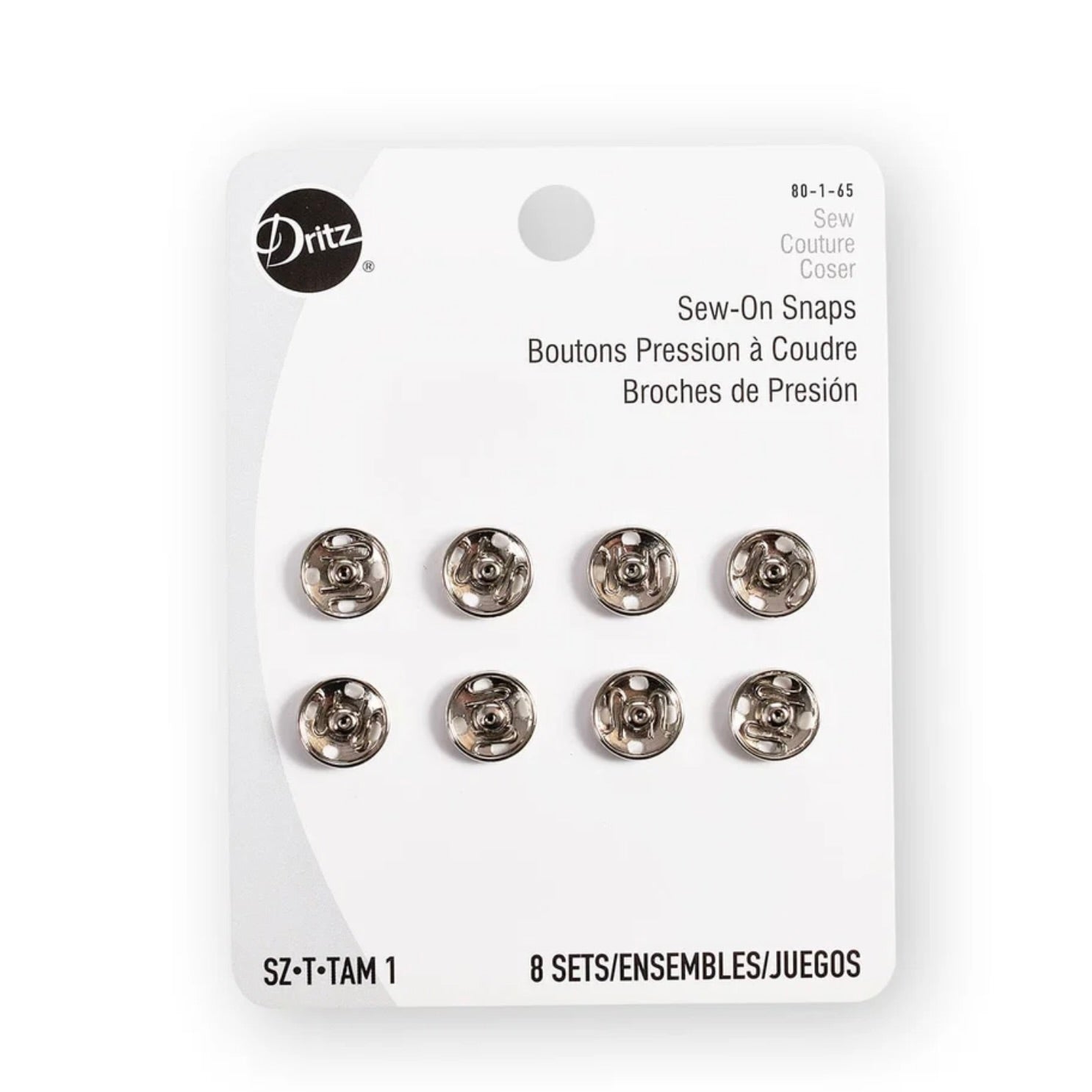Dritz, Sew-on Snaps, Sz 1, Nickel or black, 8 sets