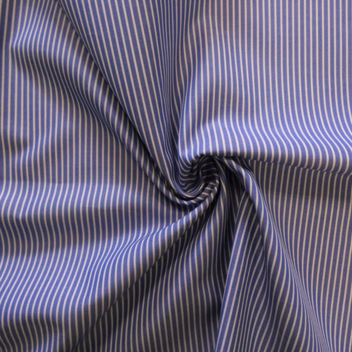 Draped shirting fabric with a fine vertical Blue and white  stripe.