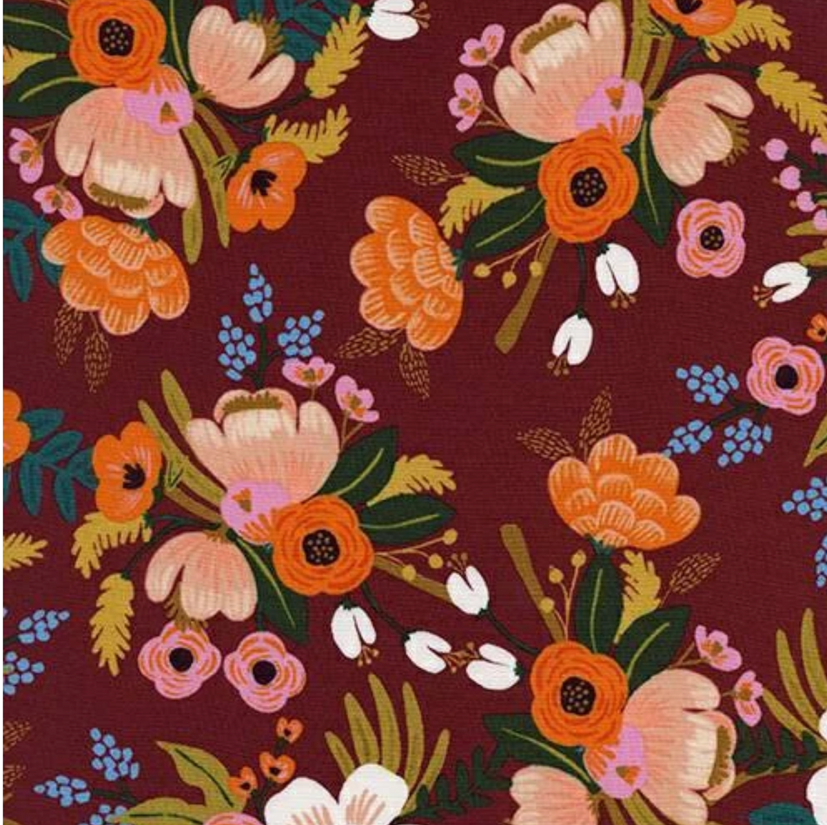 Remnant 9199, Rifle Paper Co., Les Fleurs - Birch Floral -Burgundy Rayon Fabric, 3 yard bolt end