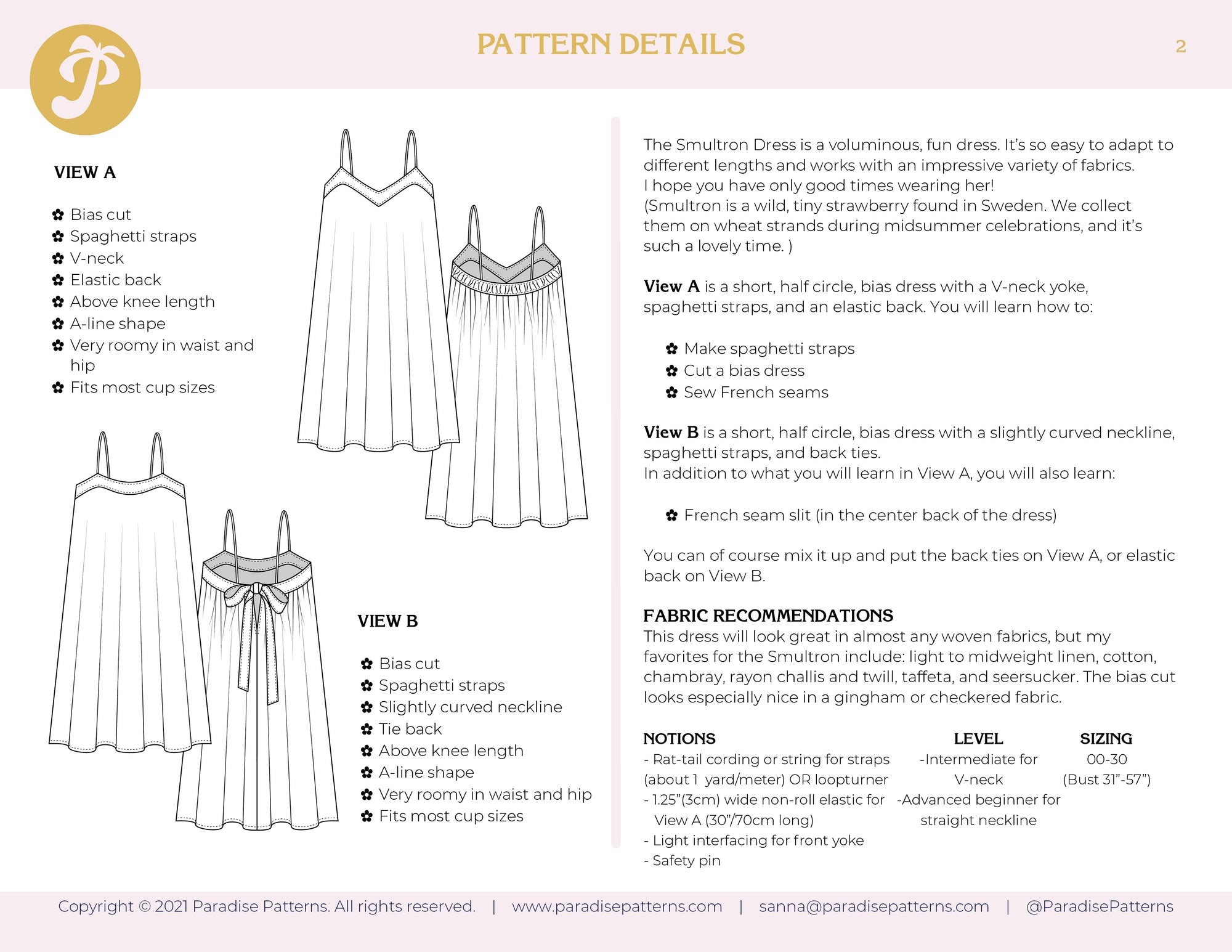 Paradise Patterns, Smultron Dress PDF Pattern