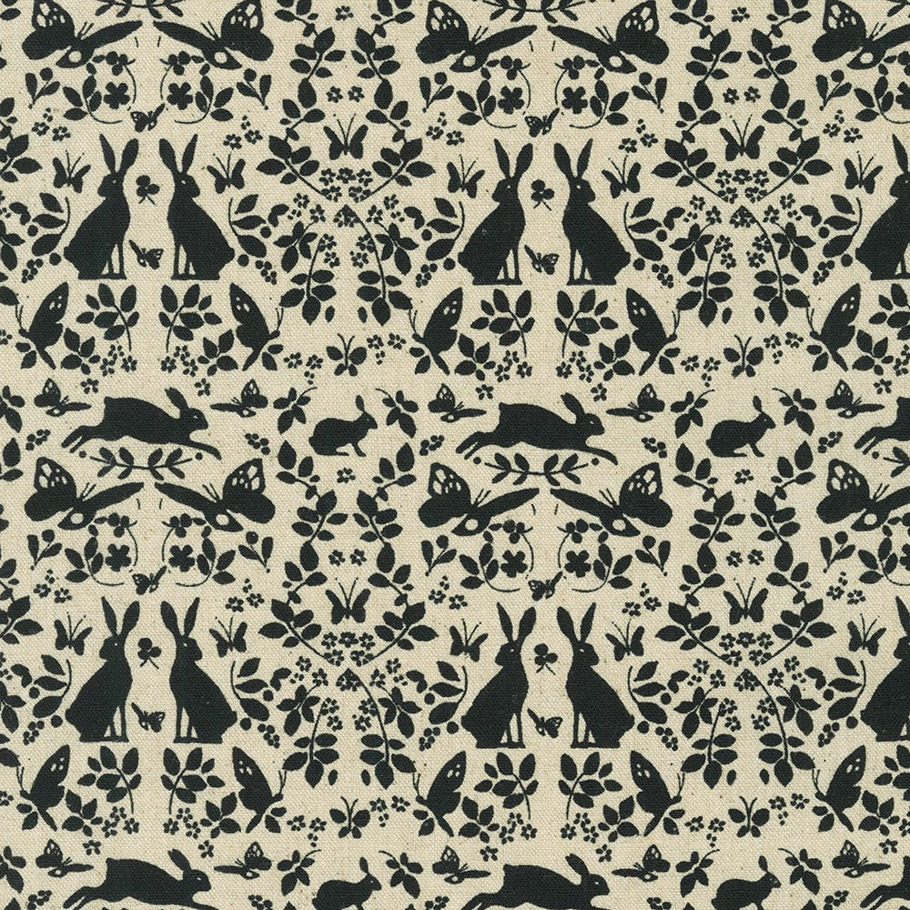 Sevenberry Rabbit Toile Cotton Flax Canvas, White on Denim, 1/4 yard