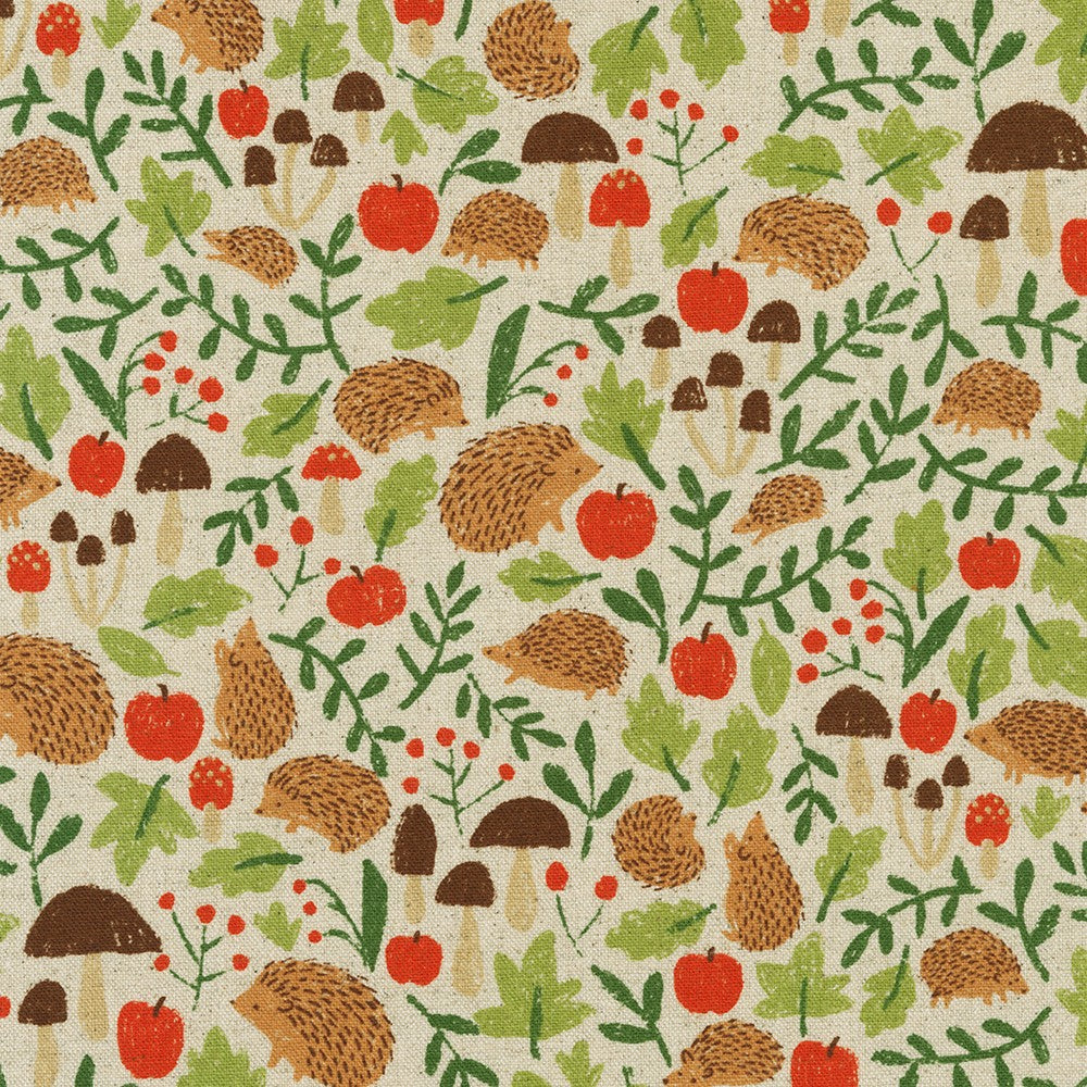 Cotton Flax Prints, Hedgehogs and apples on flax, 1/4 yard