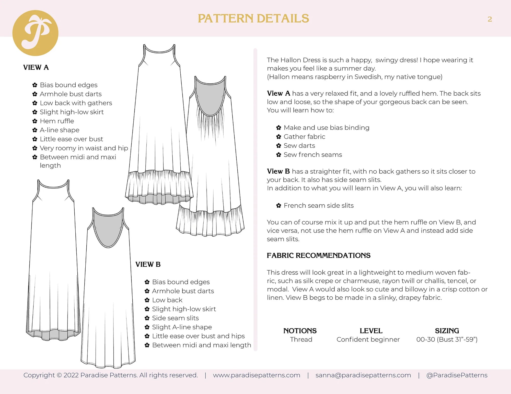 Paradise Patterns, Hallon Dress PDF Pattern