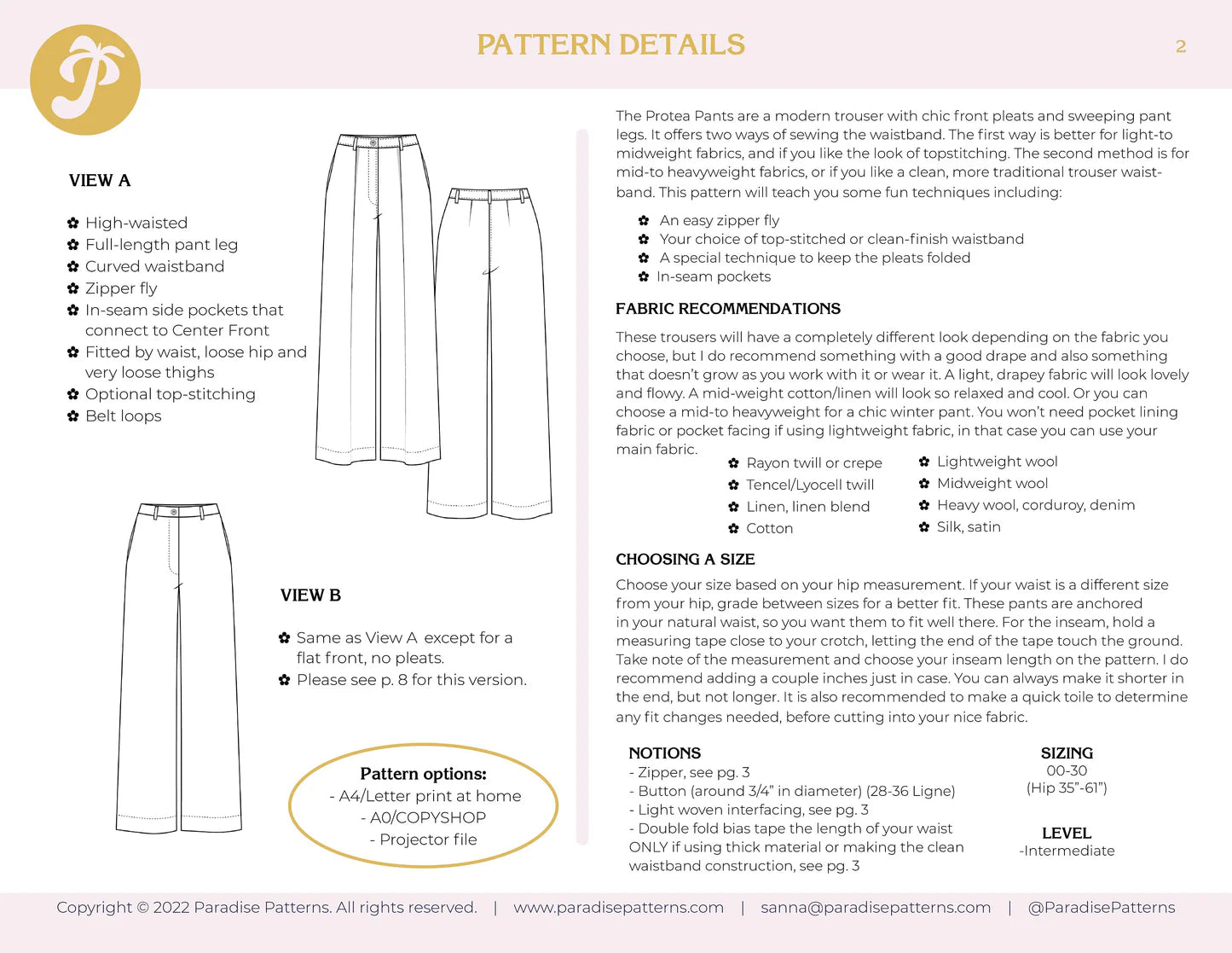 Paradise Patterns, Protea Pants PDF Pattern