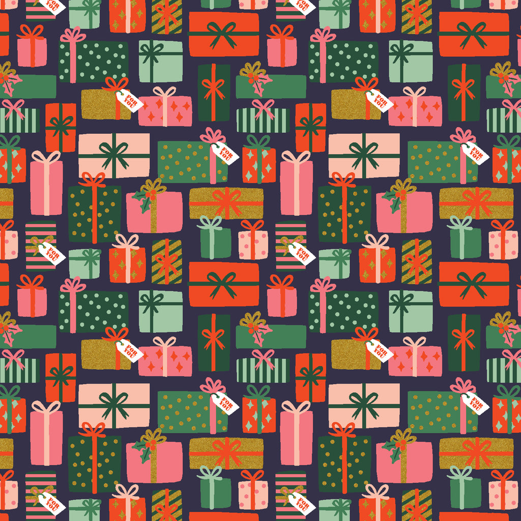 Rifle Paper Co, Holiday Classics - Holiday Gifts- Navy Metallic Fabric, 1/4 yard