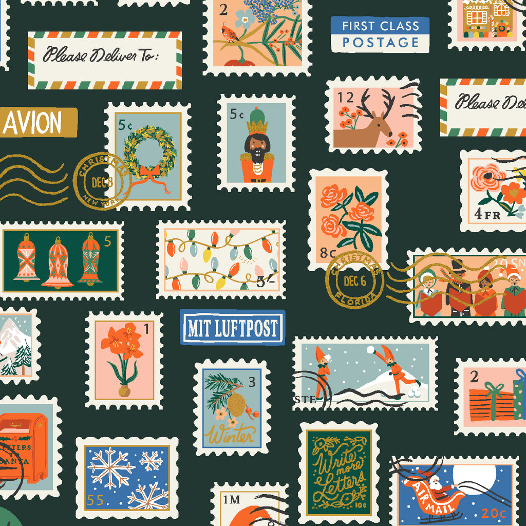 Rifle Paper Co, Holiday Classics - Holiday Stamps - Evergreen Metallic Canvas Fabric, 1/4 yard