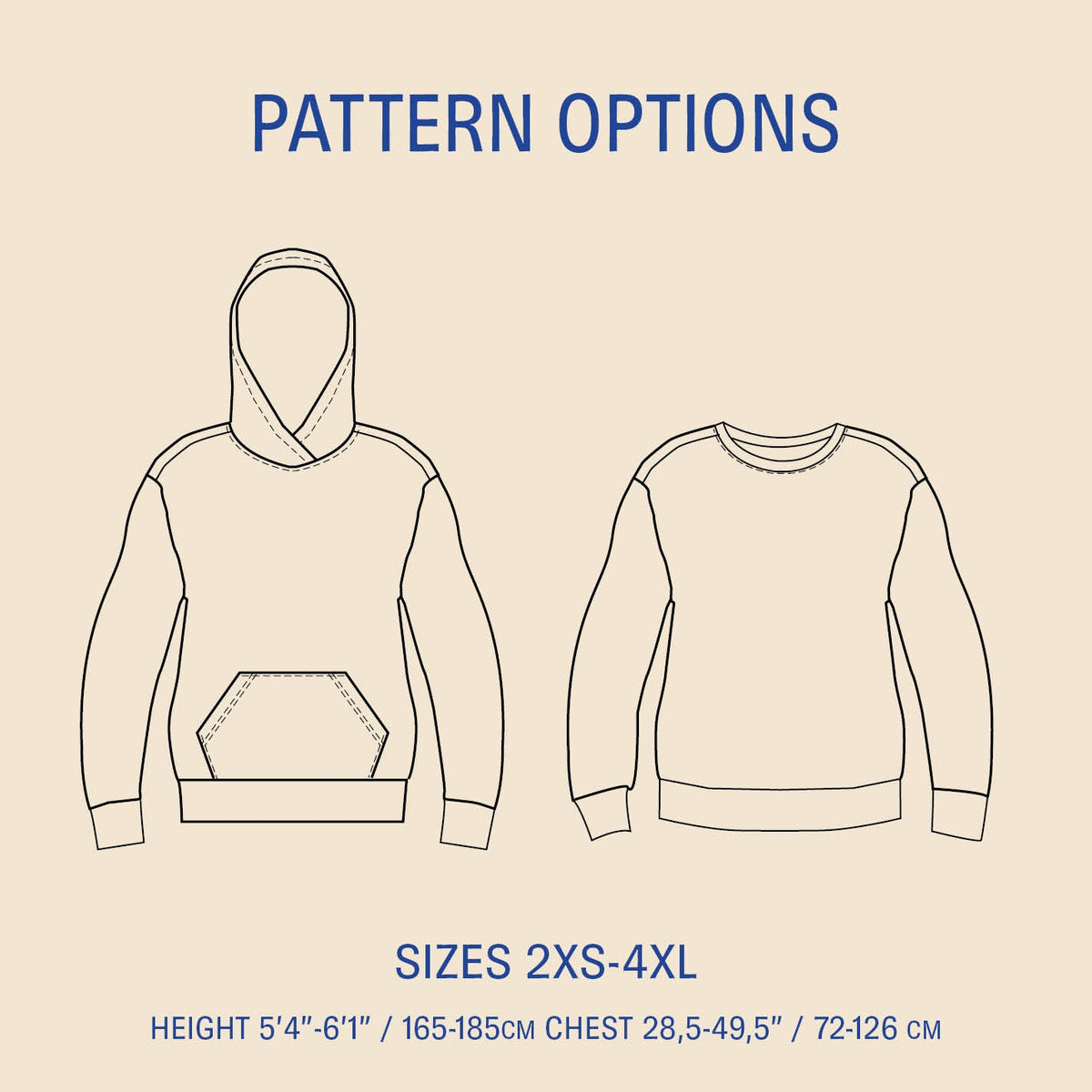 Outline of a hoodie and a sweatshirt with pattern options and size information on a beige background.