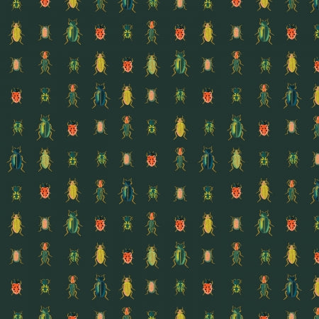 Rifle Paper Co, Curio - Beetles &amp; Bugs - Hunter Metallic Fabric, 1/4 yard