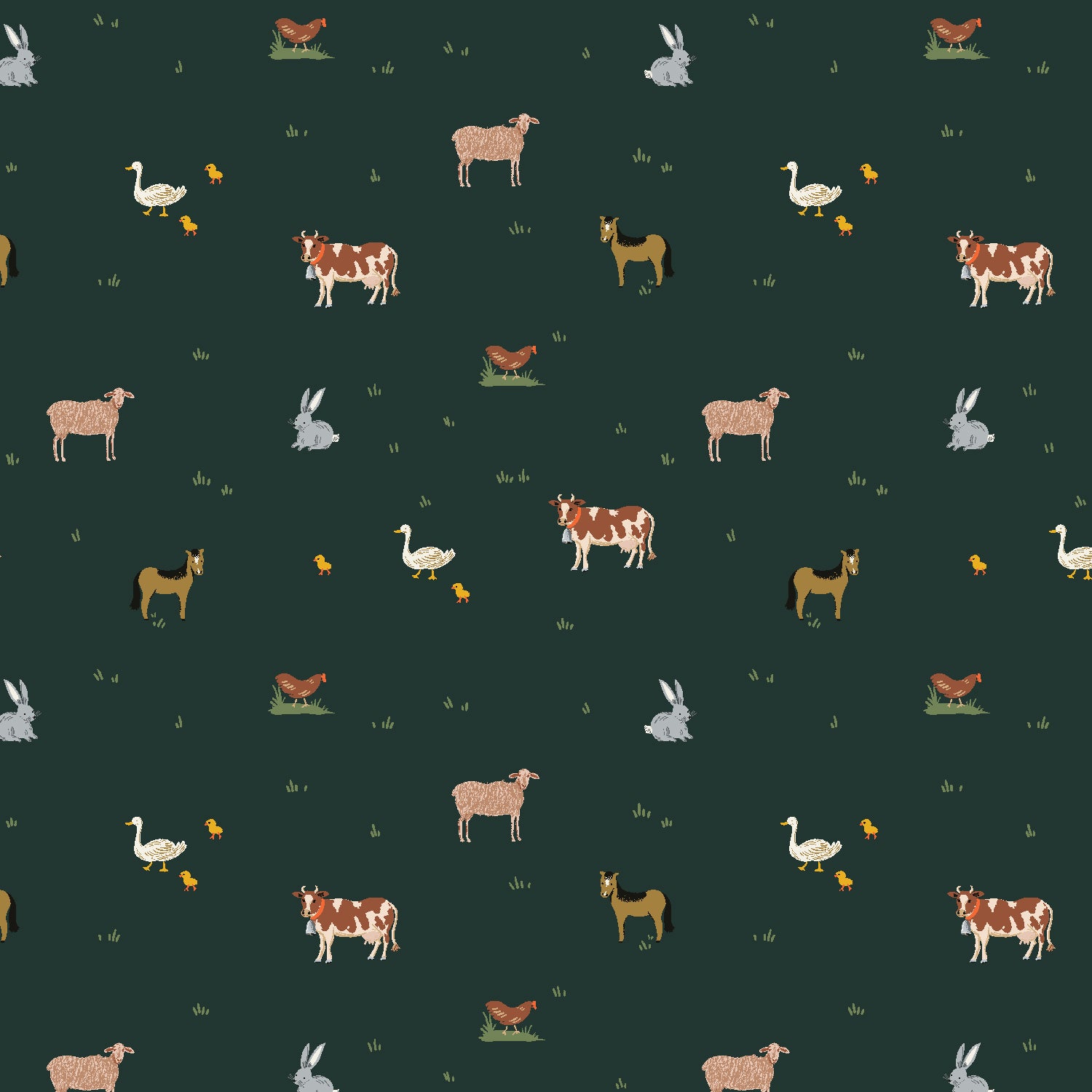Rifle Paper Co., Gracie - Farm Animals - Evergreen Fabric, 1/4 yard