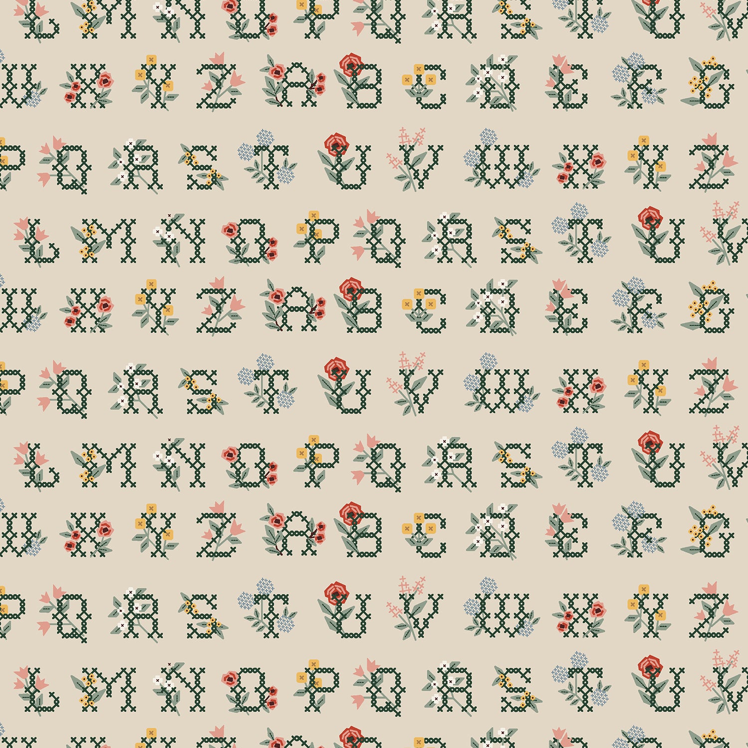 Rifle Paper Co., Home Sweet Home - Cross Stitch Letters- Linen Cotton Fabric, 1/4 yard