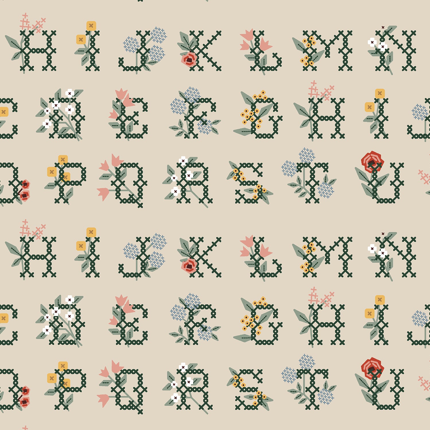 Rifle Paper Co., Home Sweet Home - Cross Stitch Letters - Linen Canvas Fabric, 1/4 yard