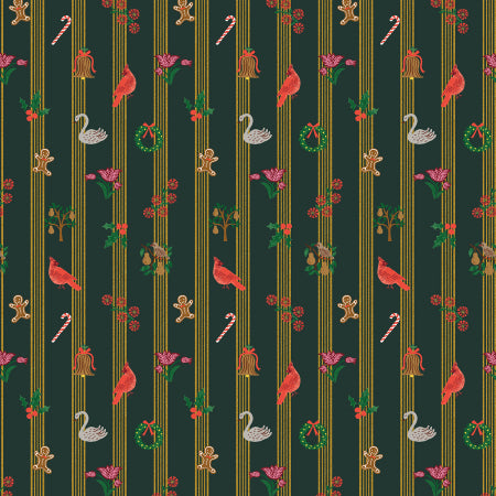 Rifle Paper Co, Holiday Classics - Yuletide - Evergreen Metallic Fabric, 1/4 yard