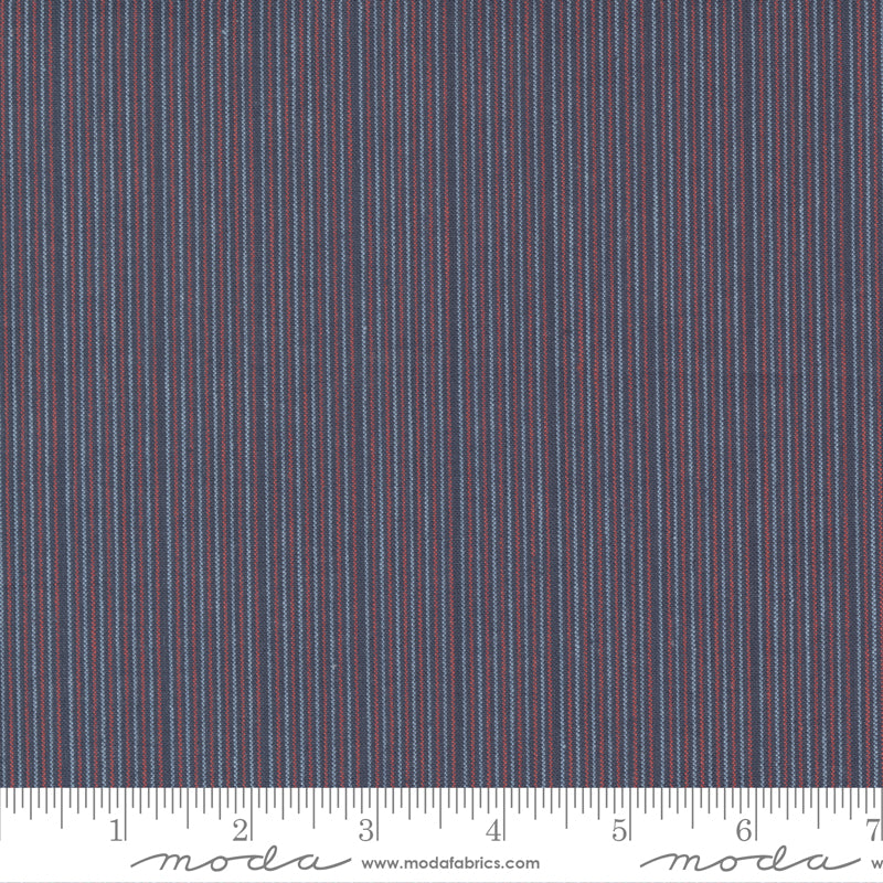 Isabella Wovens- Red and white pinstripe on denim blue, 1/4 yard