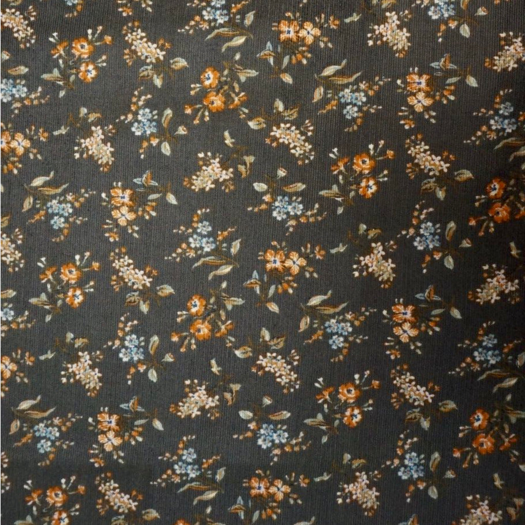Lady McElroy Corduroy Newbury Hall (19 wale), Khaki floral print 1/4 yard