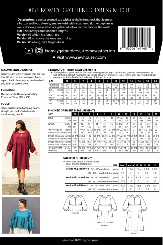 Sew House Seven, Romey Gathered  Dress Pattern, two size ranges