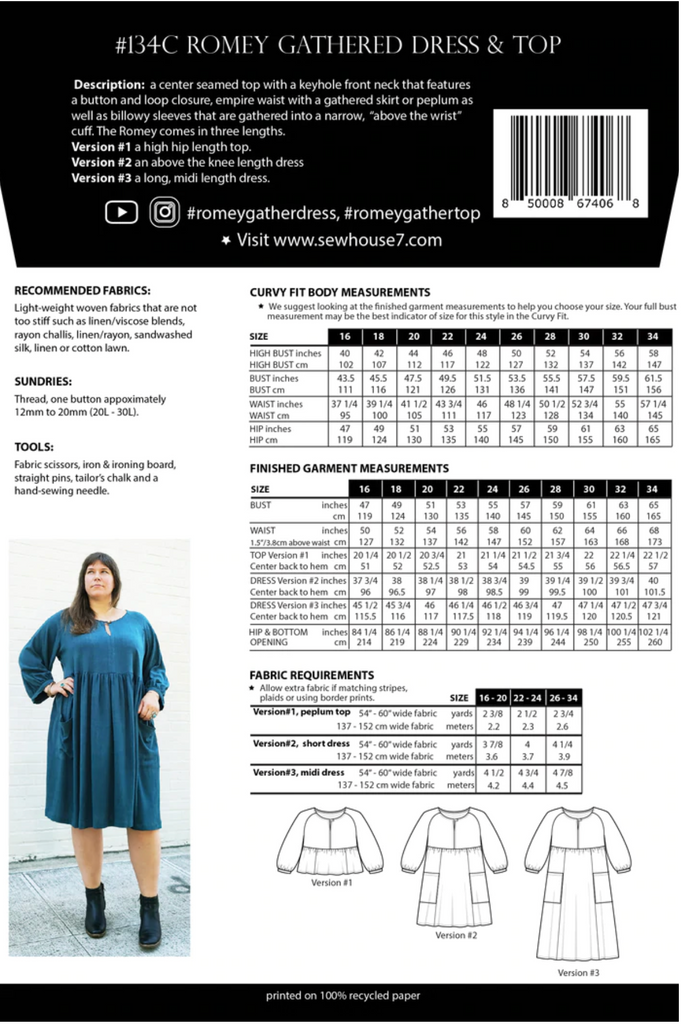 Sew House Seven, Romey Gathered  Dress Pattern, two size ranges