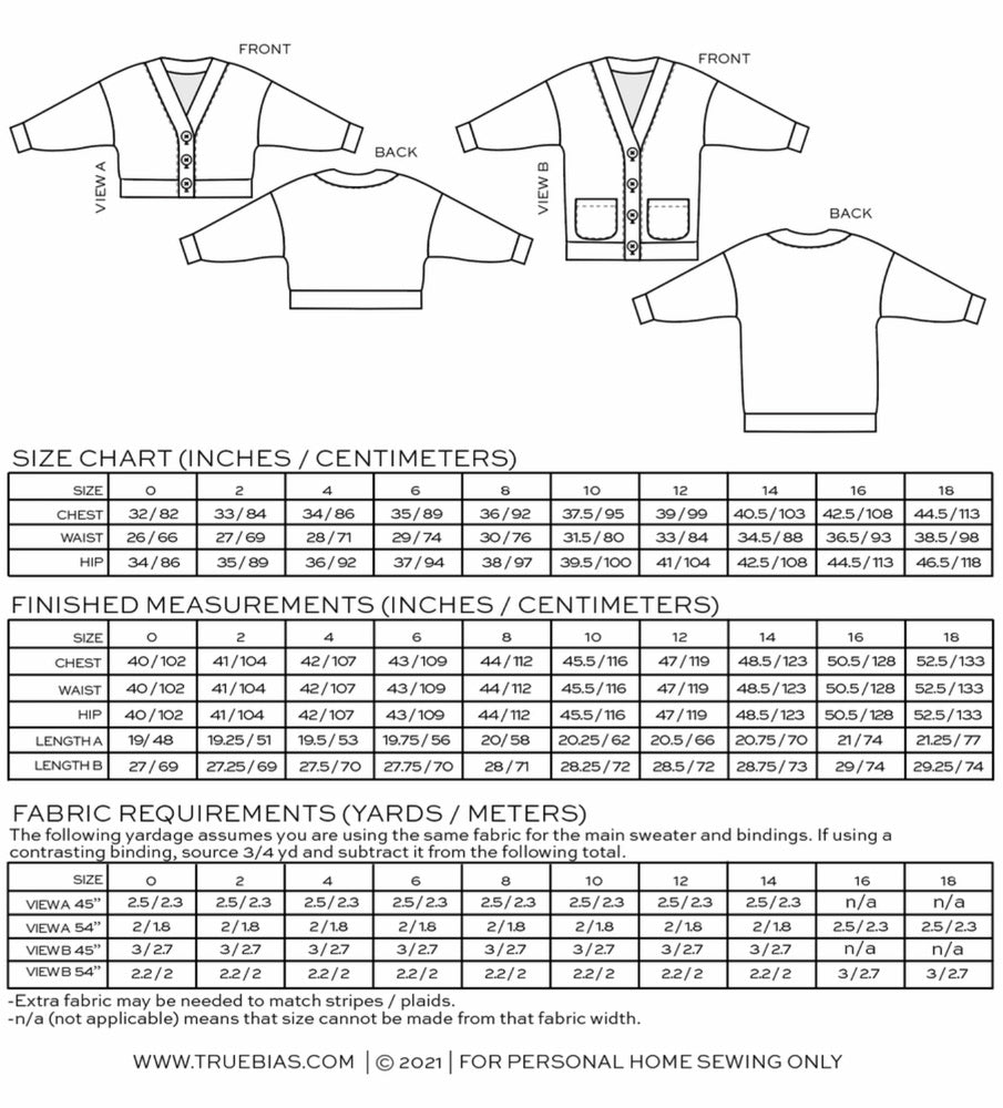 True Marlo Sweater Pattern, two size ranges