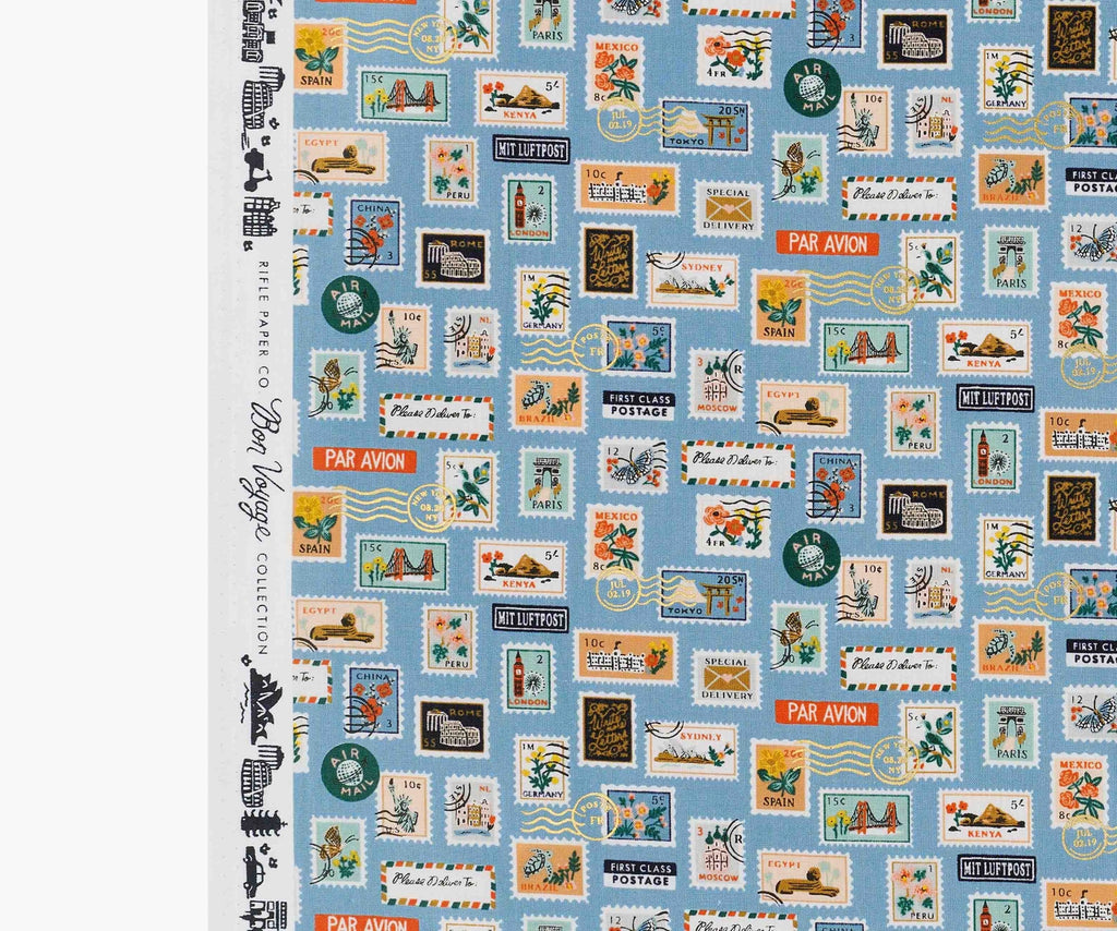 Rifle Paper Co, Bon Voyage - Postage Stamps -Blue Metallic Fabric, 1/4 yard