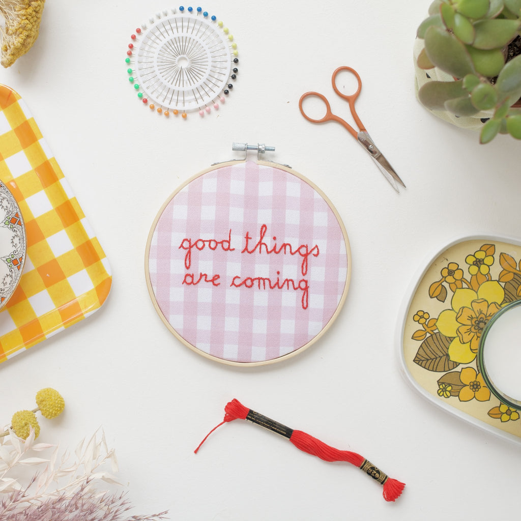 Cotton Clara, Good Things Are Coming Gingham Hoop Embroidery Kit