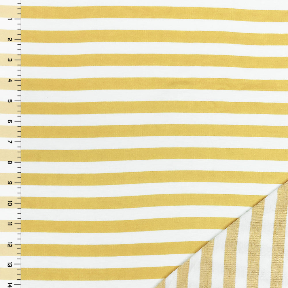 Yellow and White Stripe Cotton-Rayon-Spandex French Terry Fabric, 1/4 yard