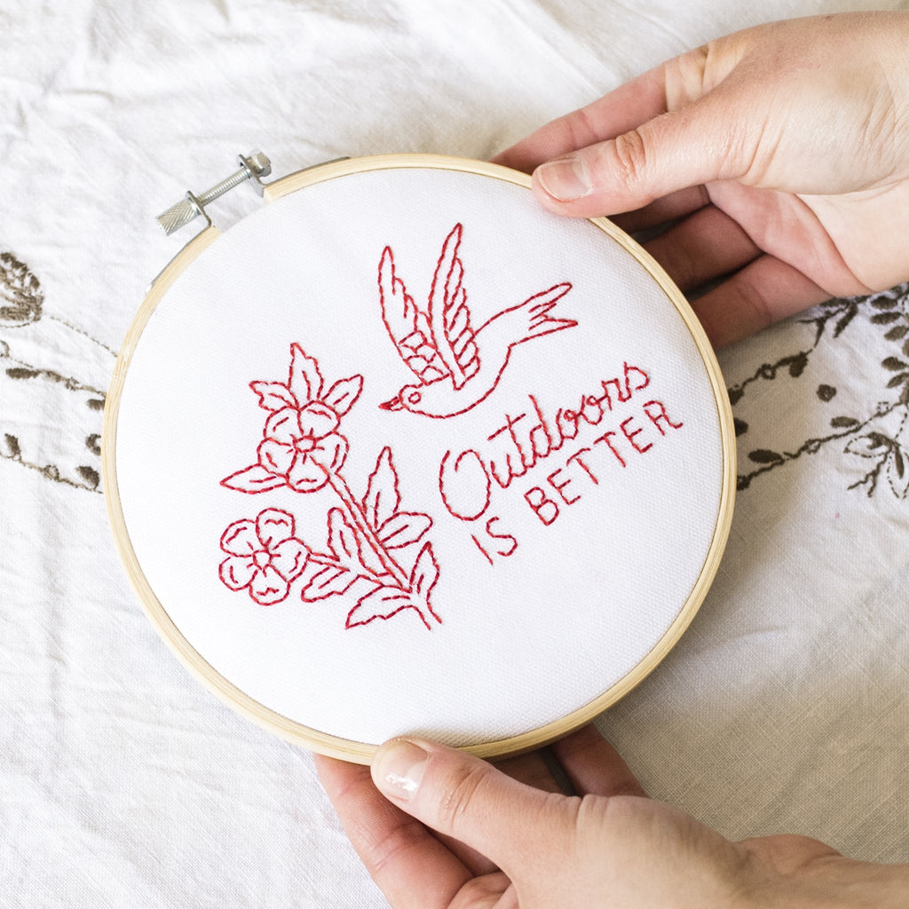 Cotton Clara, Outdoors is Better Hoop Embroidery Kit - White fabric, red thread