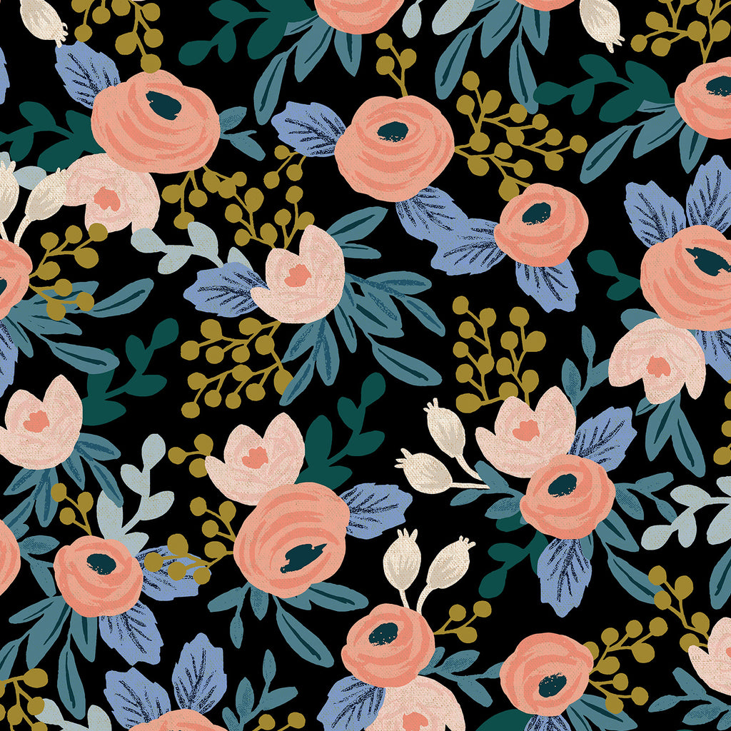 Rifle Paper Co., Garden Party- Rosa - Black Unbleached Canvas Fabric, 1/4 yard