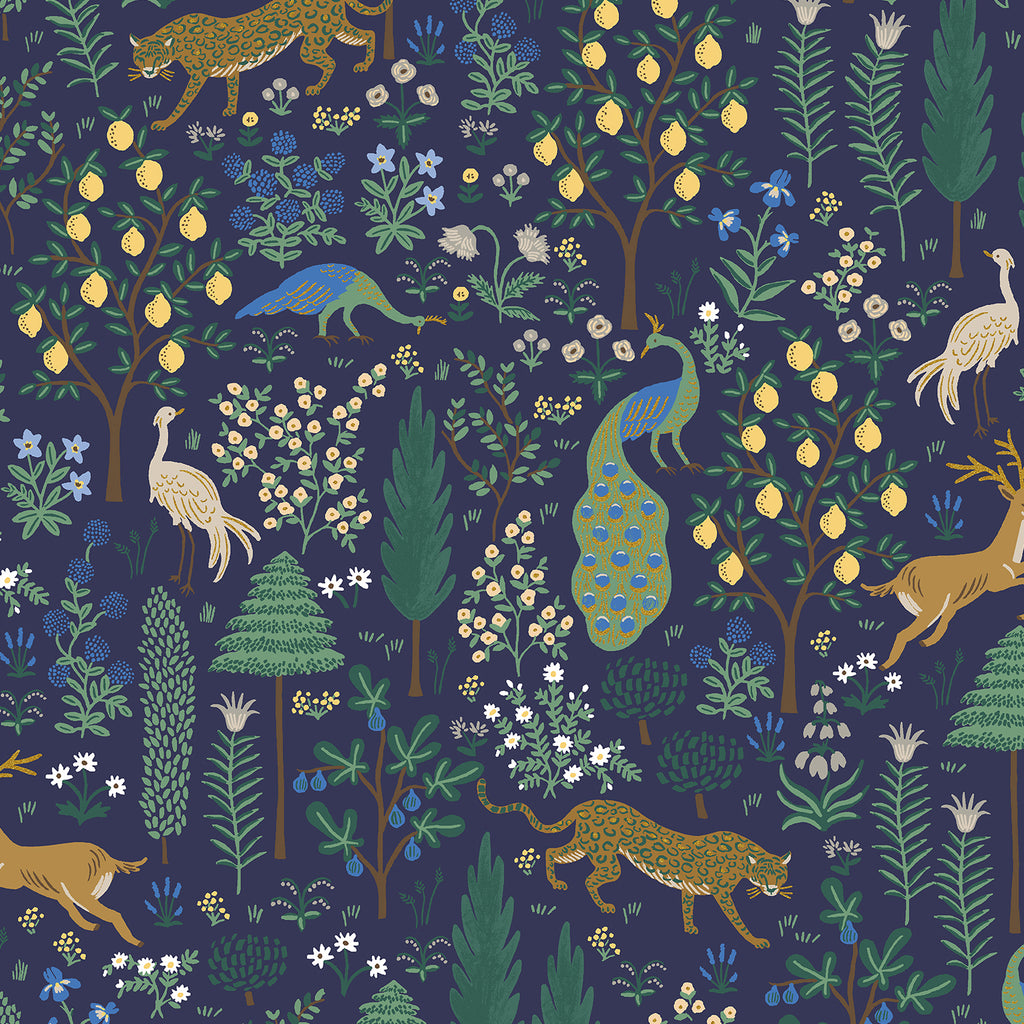 Rifle Paper Co., Camont - Menagerie - Navy Metallic Fabric, 1/4 yard
