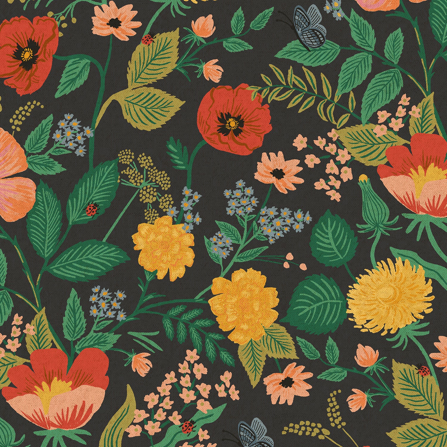 Remnant 981 Rifle Paper Co., Camont - Poppy Fields - Black Unbleached Canvas Fabric,1.25 yard bolt end