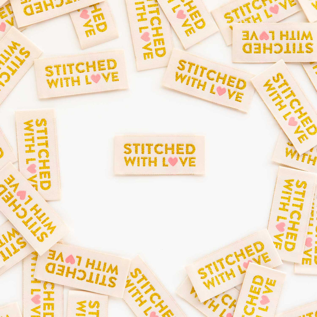 Sarah Hearts "Stitched with Love" Woven Labels, Metallic Gold on White